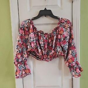 SHEIN Pink and Red Floral Ruffle Blouse